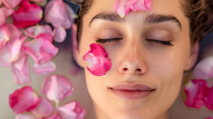 Obraz na płótnie Canvas Woman Enjoying Aromatic Bath with Flower Petals, Mindful Relaxation