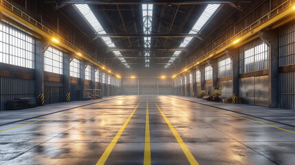 An expansive, tidy warehouse interior with high ceilings and sunlight filtering through skylights, highlighting its vast, unoccupied space
