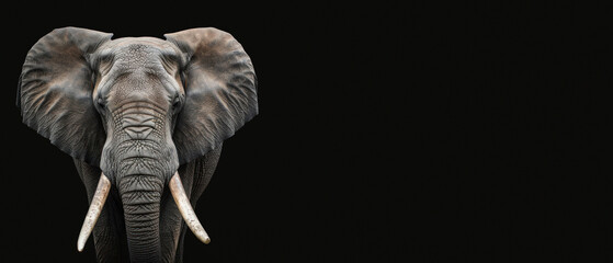 The solo elephant portrait emphasizes its majestic and calm essence contrasting with black - obrazy, fototapety, plakaty