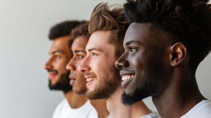 Side profile of a cheerful diverse group of men lined up, all facing the same direction - Powered by Adobe