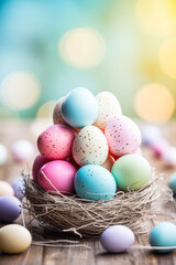Fototapeta na wymiar Easter card with colorful eggs in a nest, Happy Easter concept with space for text