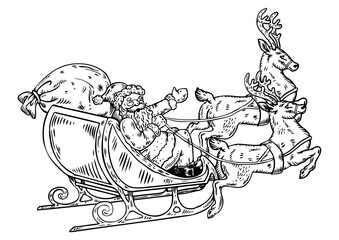 Santa Claus sleigh with reindeer engraving PNG