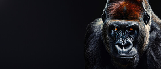 The close-up details a gorilla’s intense look and fine fur texture against a dark, moody backdrop