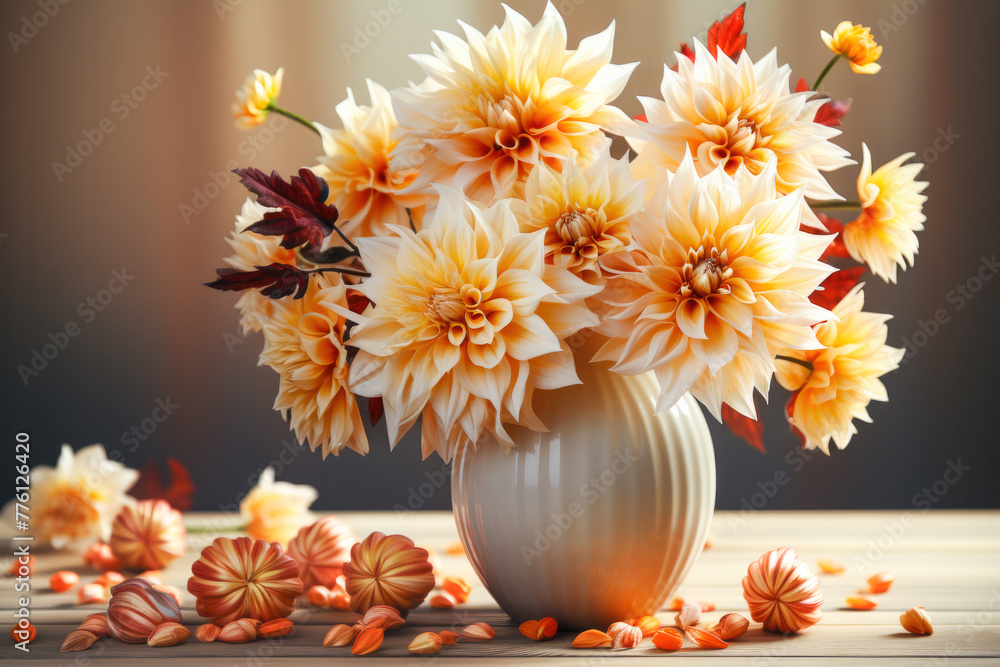 Poster Beautiful autumnal bouquet with dahlia in vase on table.