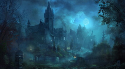Dark ominous castle stands tall among the dense trees of a forest, creating a mysterious and eerie...