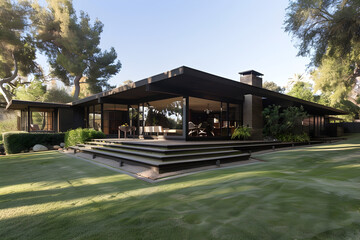 Fototapeta na wymiar A large house with a black roof and a black exterior. The house has a large yard with a grassy area and a patio. The house has a lot of windows, which give it a bright and airy feel. Generative AI