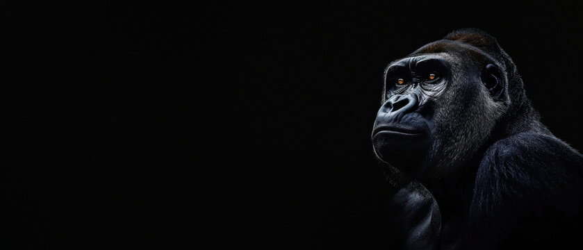 A gorilla's face half-hidden in darkness, creating a mysterious and evocative animal portrait bound by shadow