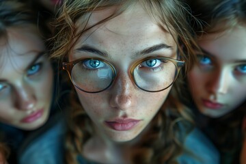 Girl with spectacles among blurred faces