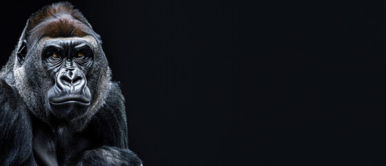 A dramatic portrait of a gorilla with its face turned to the side, shrouded in mystery