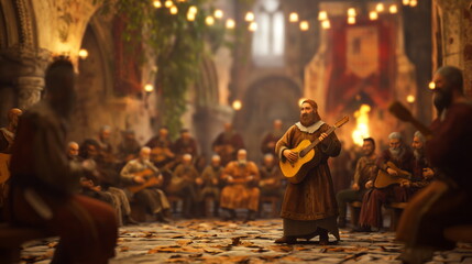 Medieval Bard Entertaining Court with Epic Ballads of Heroes Past