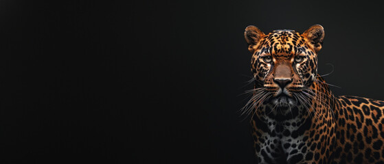 Captivating profile portrait of a jaguar showing its piercing eyes and intricate spot pattern against a black backdrop - obrazy, fototapety, plakaty