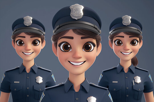 Close-up of a 3D-rendered police woman, a police officer wearing the uniform. Isolated solid color background.