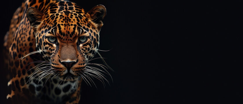 This stunning image showcases a Jaguar's intense expression, emanating a sense of majesty in a dark setting