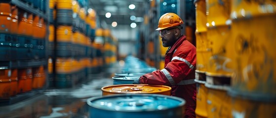 Ensuring Containment System Integrity: Worker Inspects Drums at Chemical Storage Facility. Concept Chemical Storage, Worker Inspection, Containment System, Drum Inspection, Safety Procedures