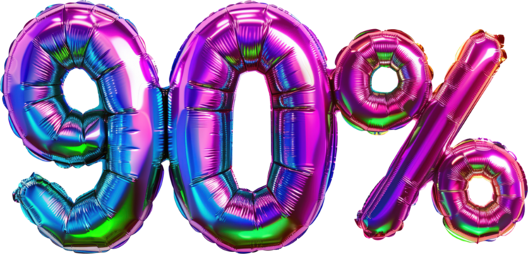 90% balloon numbers, concept of sale celebration and product promotion, element on transparent background
