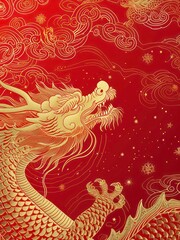 Golden Chinese dragon on red background.