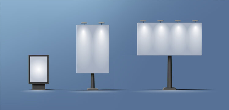 Night 3D visualization with illumination of a large horizontal and vertical billboard, and a city light. For advertising on city streets and highways. For posters OOH. Vector