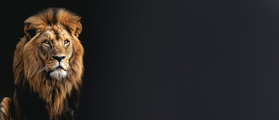 This powerful portrait showcases a male lion's piercing gaze and his beautiful, imposing mane against a dark backdrop - obrazy, fototapety, plakaty