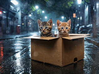 Verstoßene Katzen in einem Karton - obrazy, fototapety, plakaty