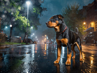 Junger Hund alleine auf einer Straße bei Nacht