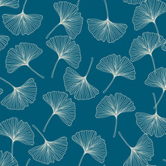 Stylish gingko leaf pattern with white outlines on a teal background (half-drop)