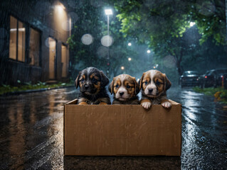 Drei Welpen in einer kleinen Kiste bei Regen