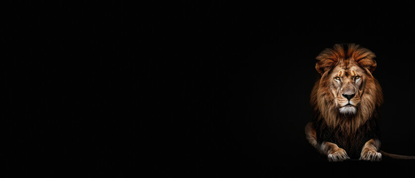 Display of raw power as an adult male lion projects a forceful roar, masterfully captured against a stark, black background