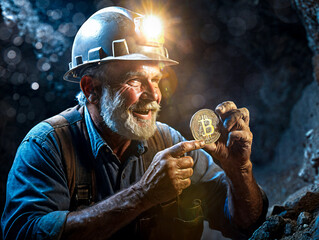 Minenarbeiter findet einen bitcoin - obrazy, fototapety, plakaty