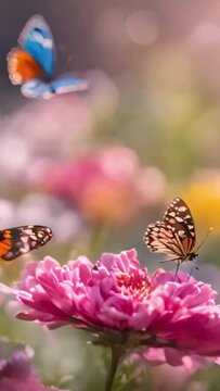 A 4K Springtime Paradise: Looping Video of Vibrant Flowers and Butterflies Dancing in the Breeze