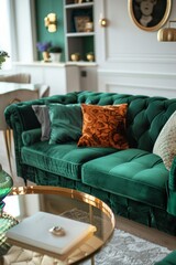 Interior Design Living Room Background in Emerald Golden Green - Luxury Living Room Design - Amazing Living Room Background in the Gold Green Emerald Style created with Generative AI Technology	