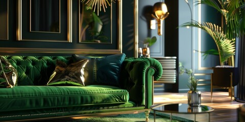 Interior Design Living Room Background in Emerald Golden Green - Luxury Living Room Design - Amazing Living Room Background in the Gold Green Emerald Style created with Generative AI Technology	
