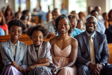 African American family smiling and embracing faith and love as they sit together in a beautiful church, radiating joy on a sunny day. - obrazy, fototapety, plakaty
