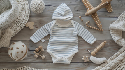 Neutral Toned Baby Clothing and Toys on Wooden Surface