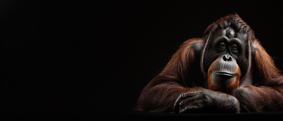 An orangutan laying down with crossed arms depicts a moment of rest or deep thought, against a dark backdrop - obrazy, fototapety, plakaty