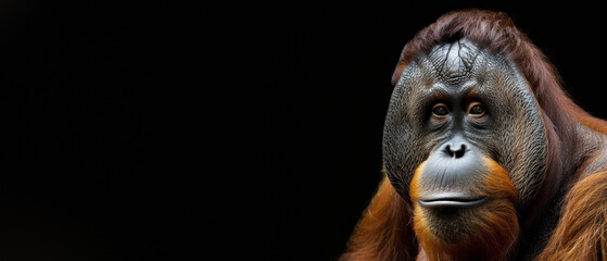 A unique image of an orangutan looking downwards with its face partially obscured creating an air of mystery - obrazy, fototapety, plakaty