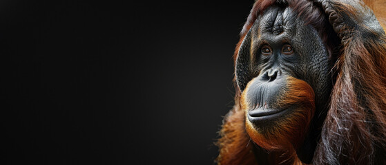 Image captures the inquisitive look of an orangutan against a dark backdrop, symbolizing curiosity - obrazy, fototapety, plakaty