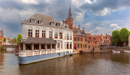 Scenic sunny medieval fairytale town from the quay Rosary, Rozenhoedkaai, Bruges, Belgium
