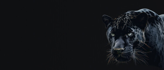 A powerful and intense frontal portrait of a black panther with a focused gaze, set against a stark black background