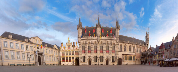Fototapeta na wymiar Panoramic cityscape with medieval Burg Square in Old Town of Bruges, Belgium