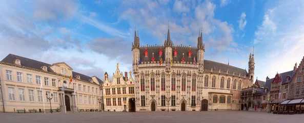 Gordijnen Panoramic cityscape with medieval Burg Square in Old Town of Bruges, Belgium © Kavalenkava