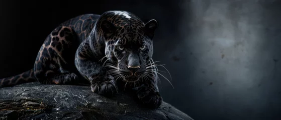 Poster Dramatic scene of a black panther prowling with intent, surrounded by a mysterious smokey atmosphere © Fxquadro