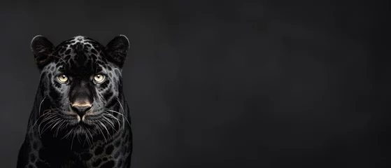 Poster Soulful portrait of a solitary black panther with a penetrating stare on a plain black background © Fxquadro