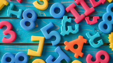 Fototapeta premium Textured Foam Letters and Numbers on Turquoise Wooden Background