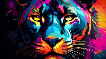 Portrait of tiger. Bright multicolored illustration. Neon tiger on a dark background. Colorful...