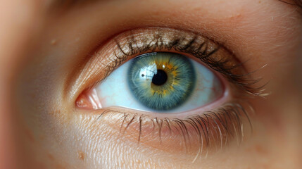 close-up, macro female eye, laser vision correction, iridescent retina with eyelashes, looking into the frame