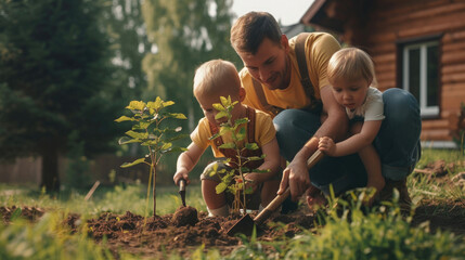 A father with two children plants a tree in the yard near the house, holds a shovel in his hands, and digs the ground