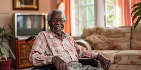 Elderly African American man in a wheelchair savoring a tranquil moment of contentment and relaxation in the comfort of his warm and inviting home