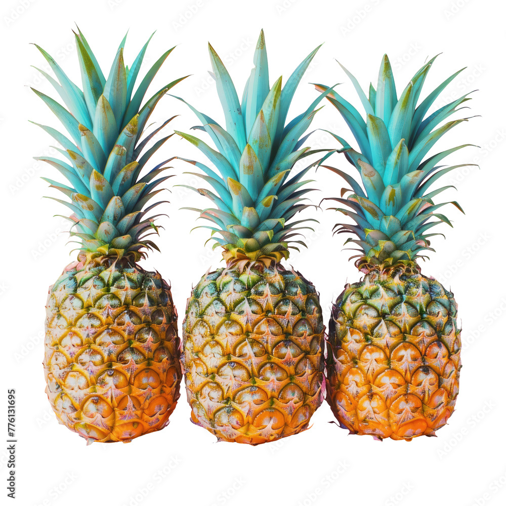 Poster three pineapples in a row on a transparent background