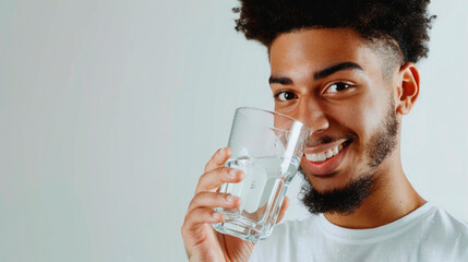 afro americanguy holding a glass of water in his hands and drinking, close-up, looking into the frame and smiling, empty space for text