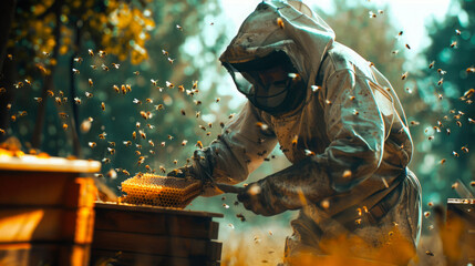 beekeeper in a protective dirty suit with a mask and gloves, working near a cell with honeycombs, pumping out honey, bees flying, sunlight, empty space for text